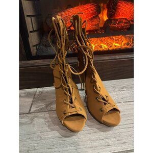 Herstyle Womens Tan Peep-Toe Lace-Up Heeled Boots‎ Size 8